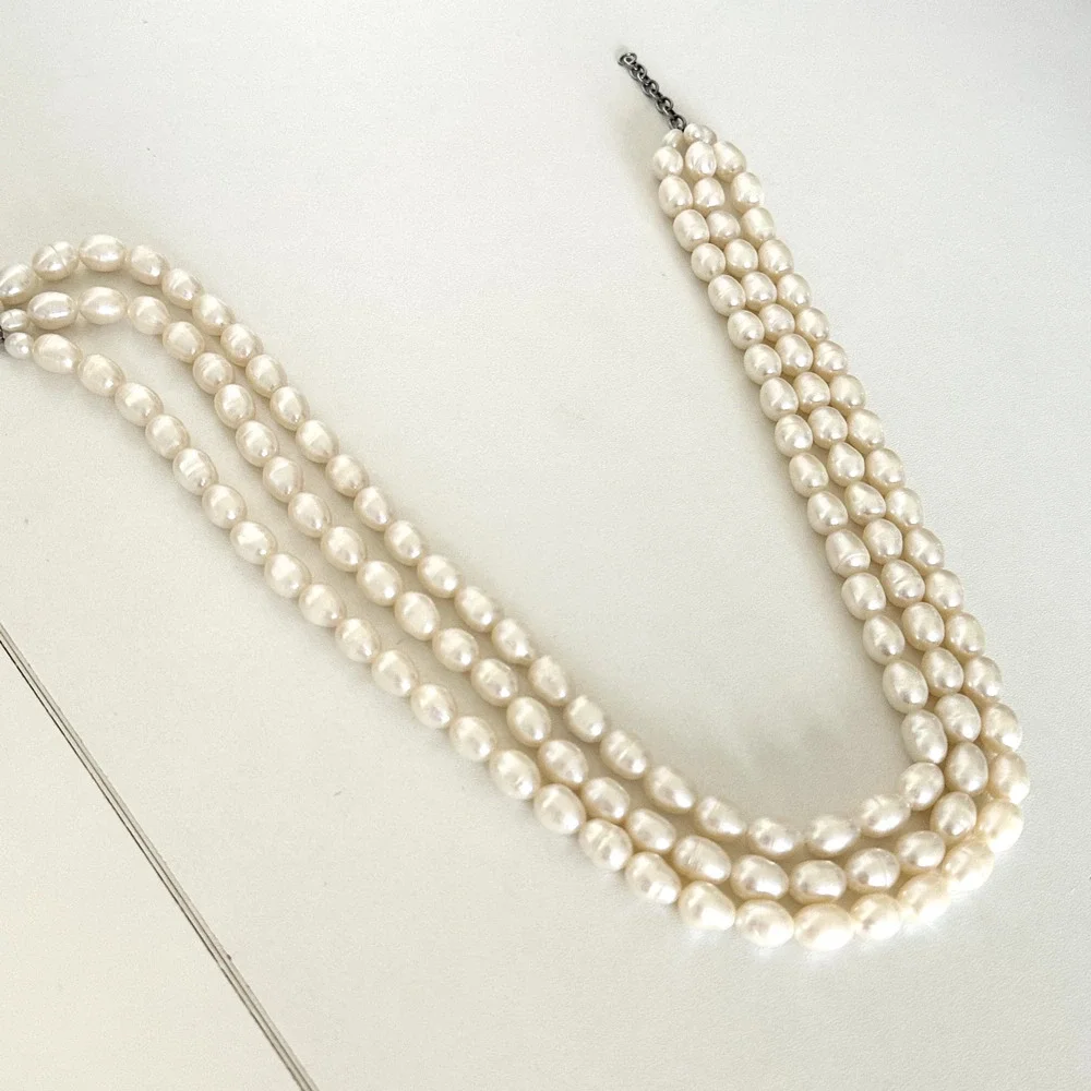 925 Sterling Silver Vintage Genuine Pearl Chunky Triple Strand 3 Row Necklace